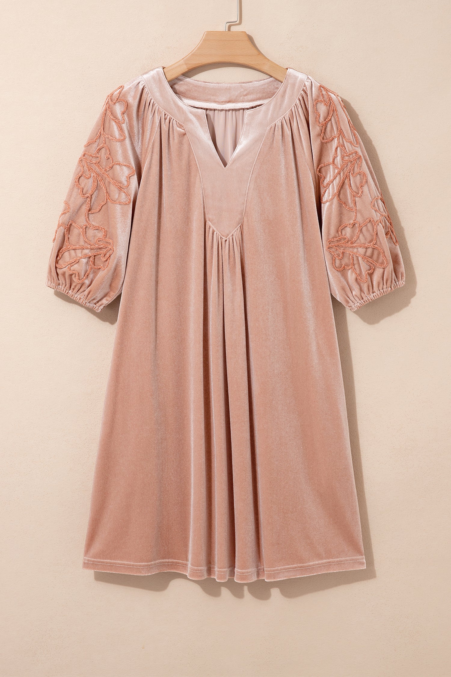 Light French Beige Embroidered Sleeve Velvet Mini Shift Dress