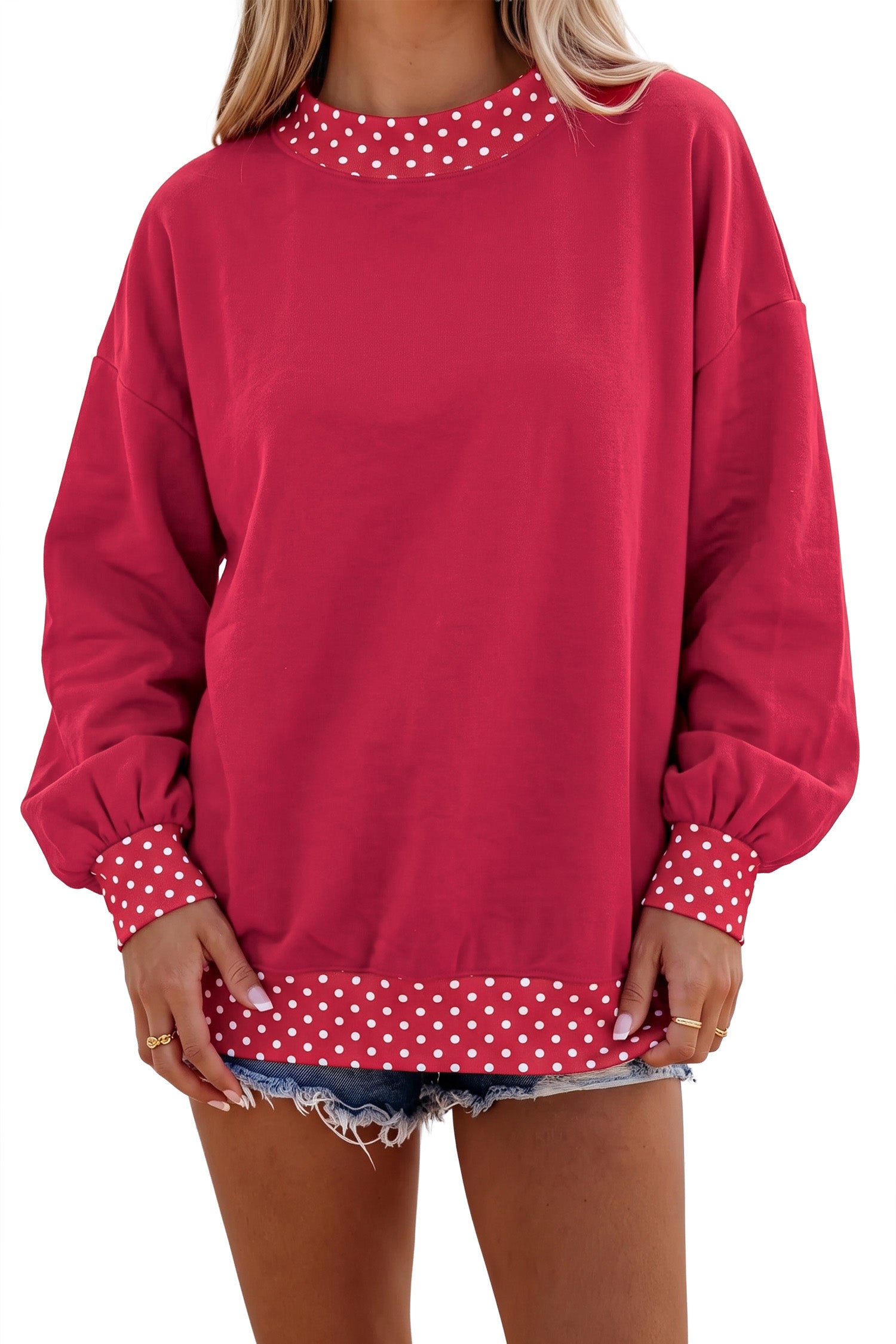 Red Colorblock Polka Dot Contrast Trim Oversized Sweatshirt