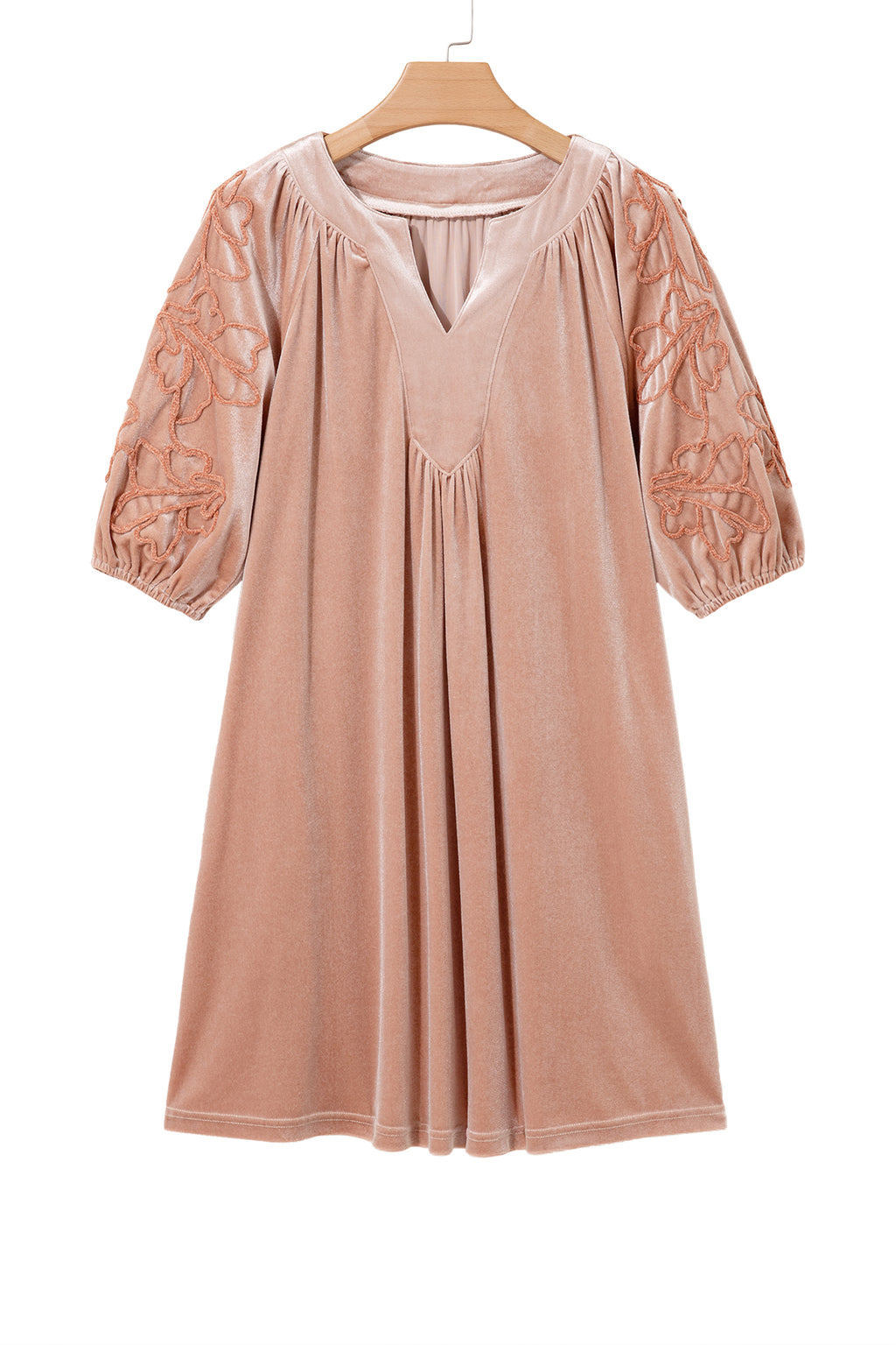 Light French Beige Embroidered Sleeve Velvet Mini Shift Dress