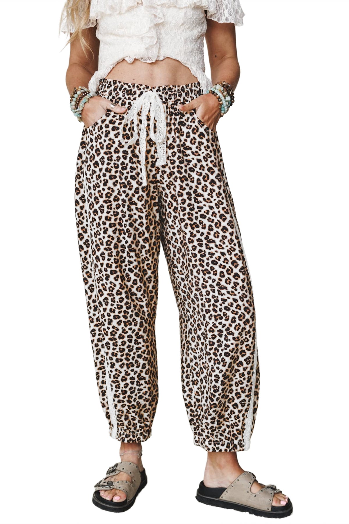 Black Leopard Print Ankle-Length Elastic Waist Pants