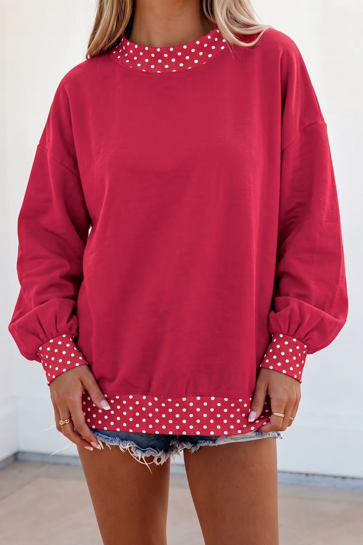 Red Colorblock Polka Dot Contrast Trim Oversized Sweatshirt