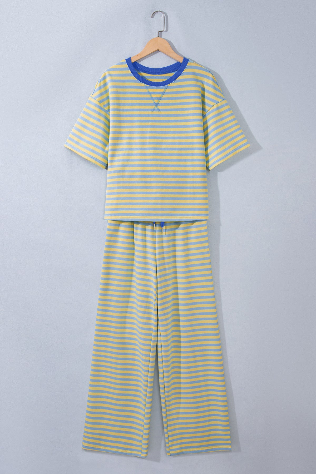 Pink Stripe Colorblock Trim Crew Neck Loose Tee Drawstring Elastic Waist 2pcs Pant Set