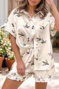 Beige Mallard Print Shirt Style Short Two Piece Set