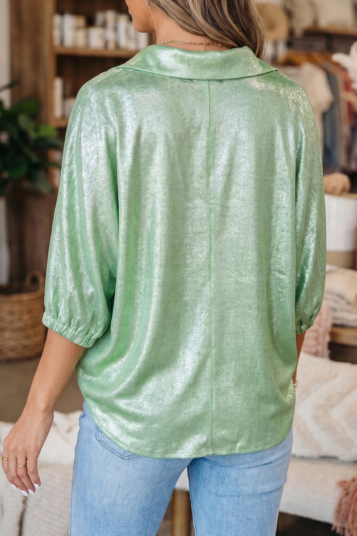Myosotis Collared V Neck Half Sleeve Metallic Top