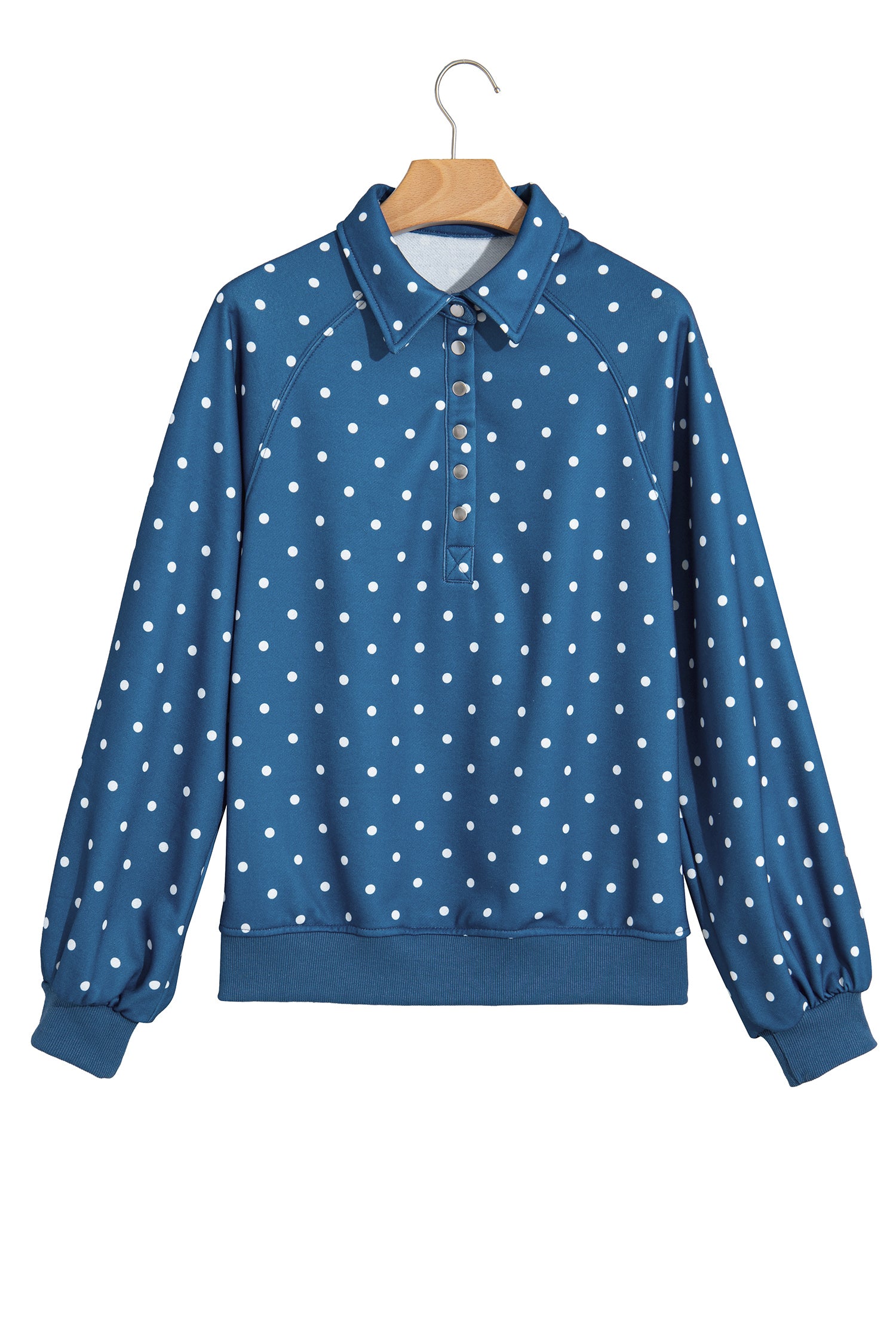 Pink Polka Dot Print Metal Button Collar Casual Pullover Sweatshirt