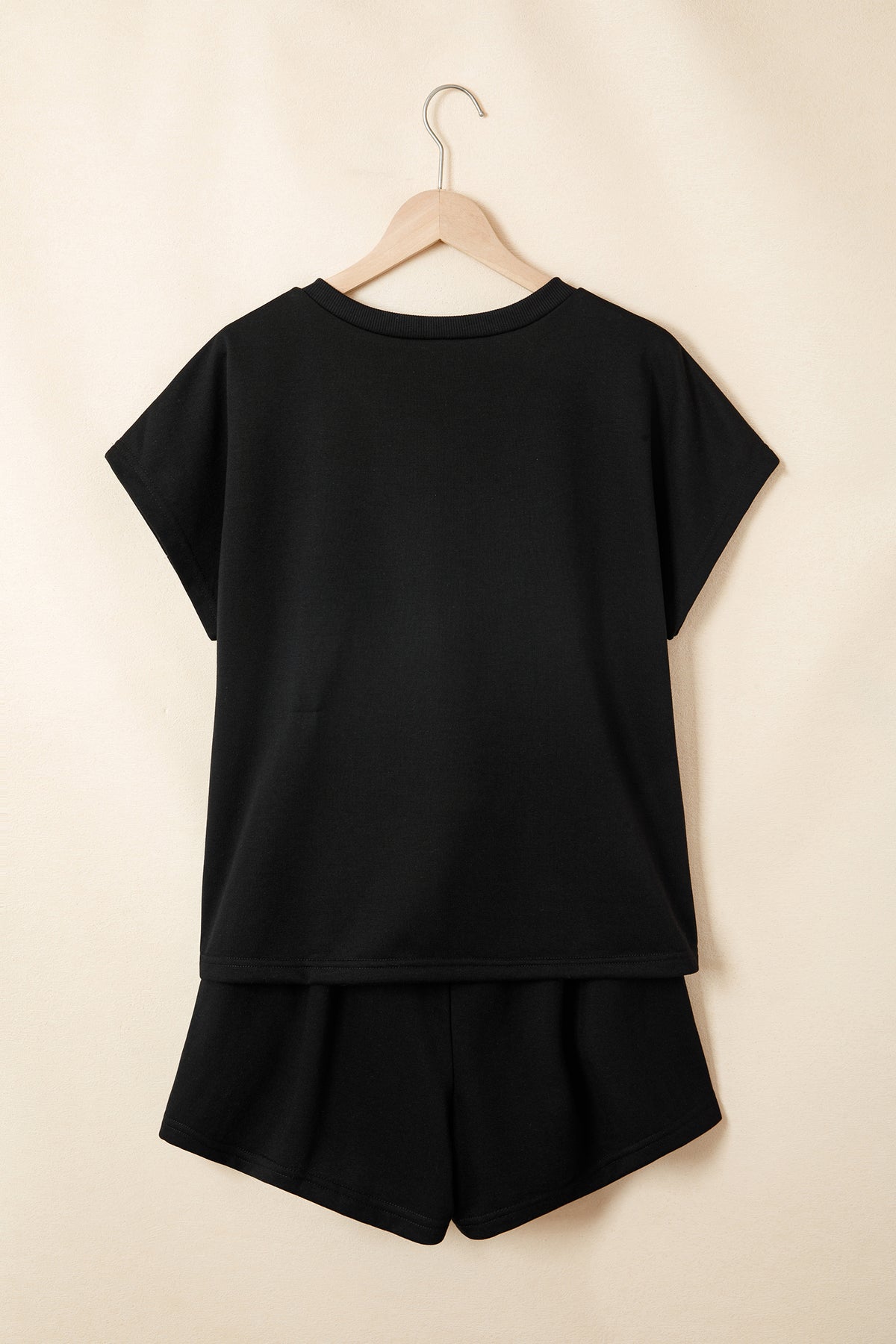 Black Contrast Leopard Bow Patched V Neck Loose Tee Drawstring Shorts 2pcs Outfit
