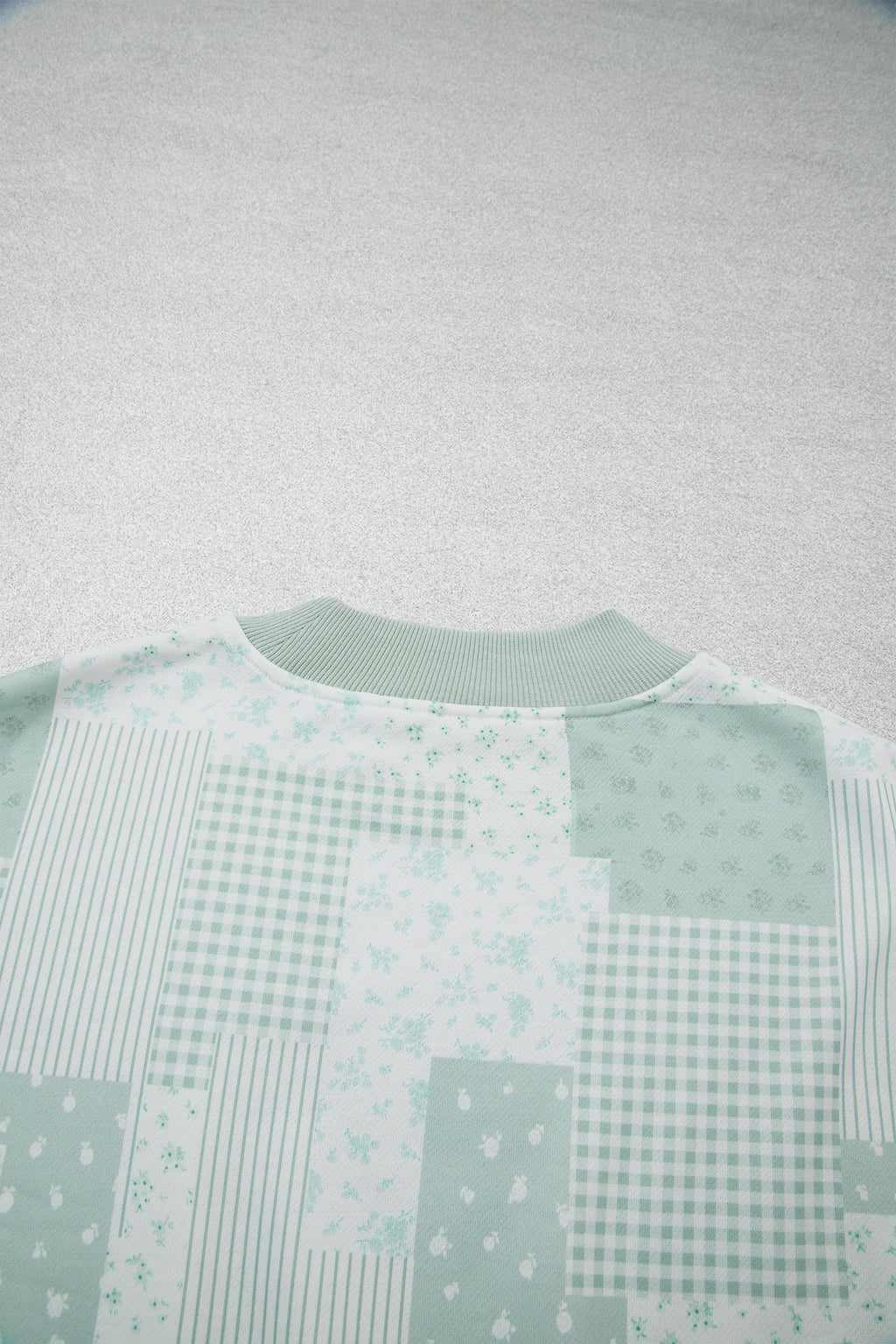 Light Pink Patchwork Floral Print Drop Shoulder Baggy Pullover Drawstring Shorts Set