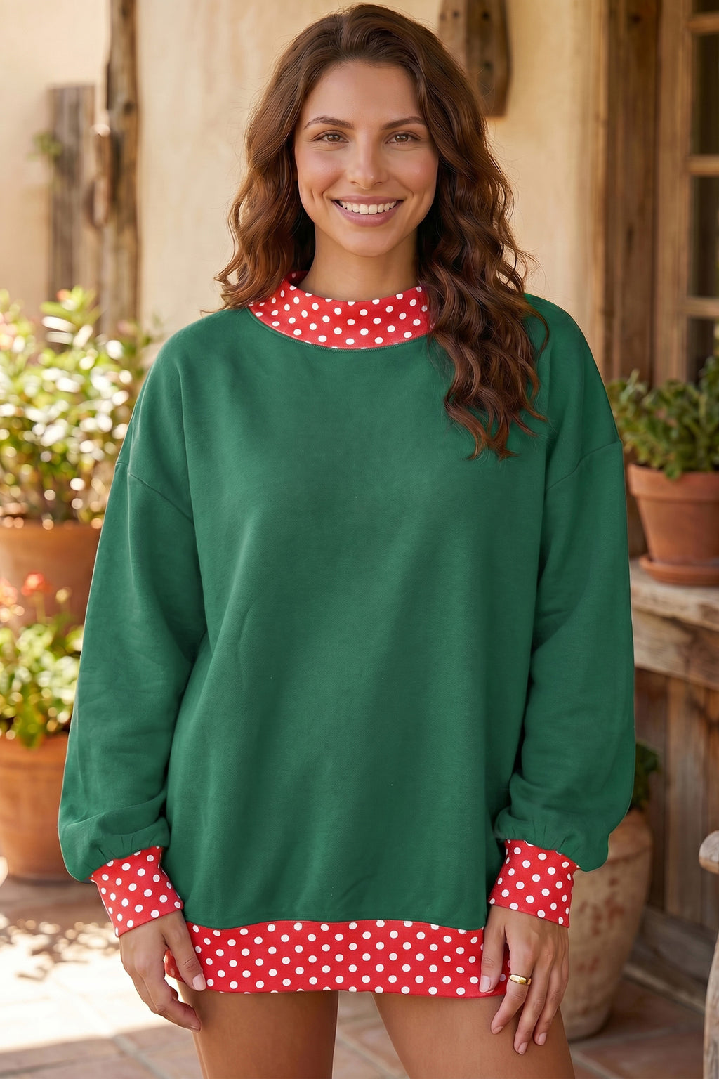 Red Colorblock Polka Dot Contrast Trim Oversized Sweatshirt