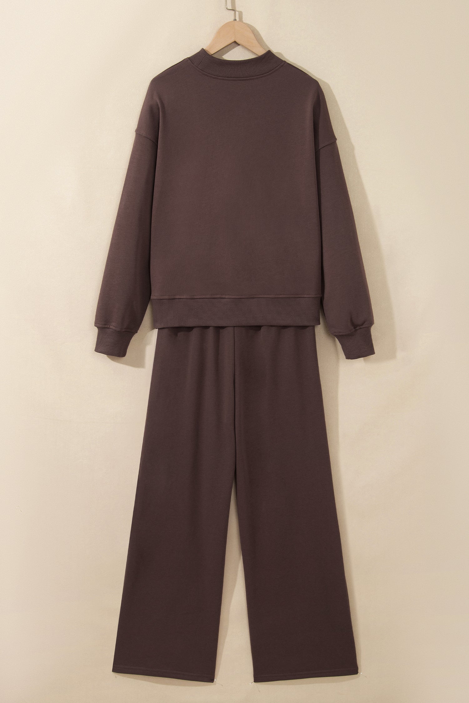Coffee Solid Color Piping Trim Mock Neck Pullover Drawstring Pants Set