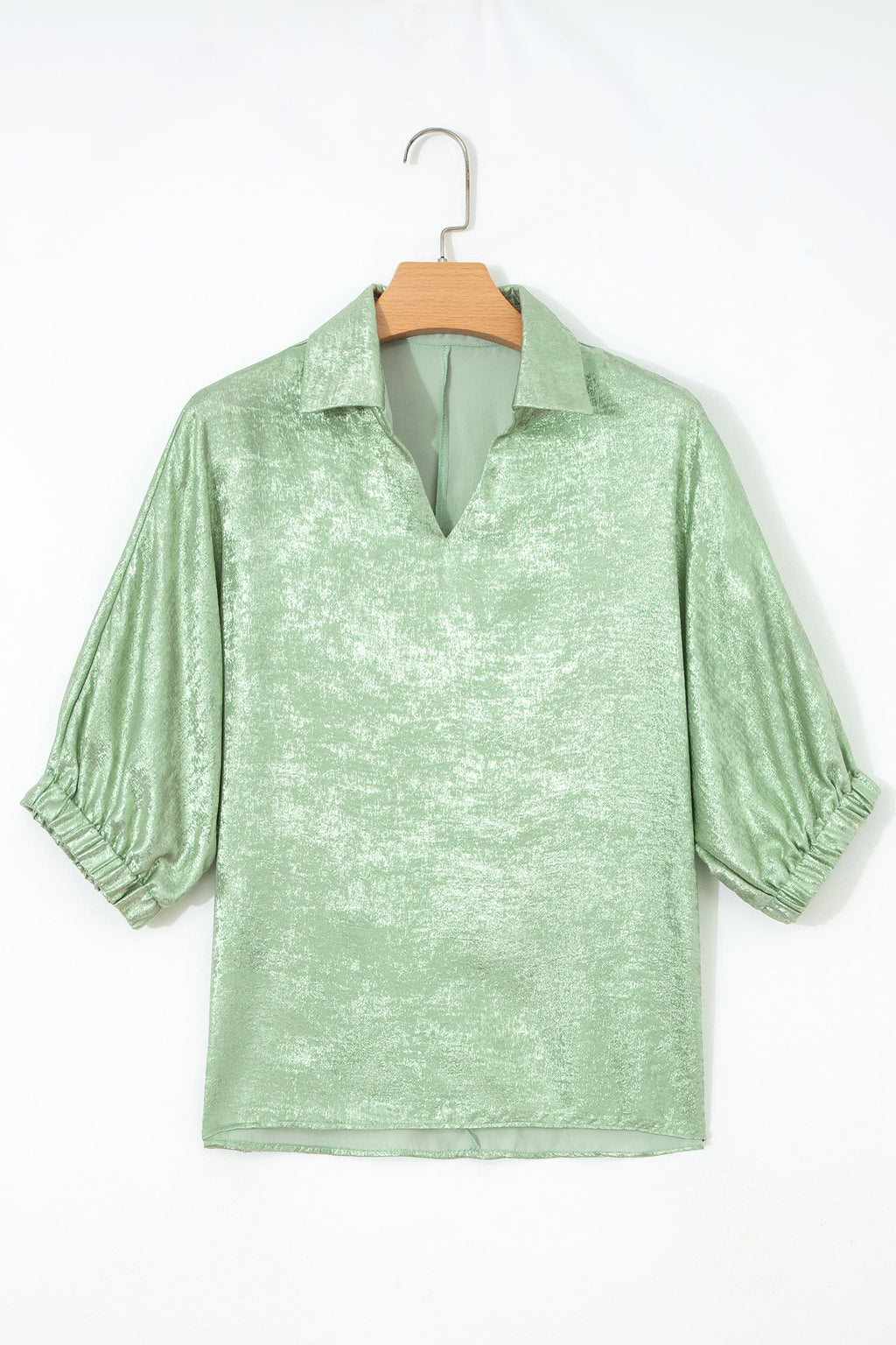 Myosotis Collared V Neck Half Sleeve Metallic Top