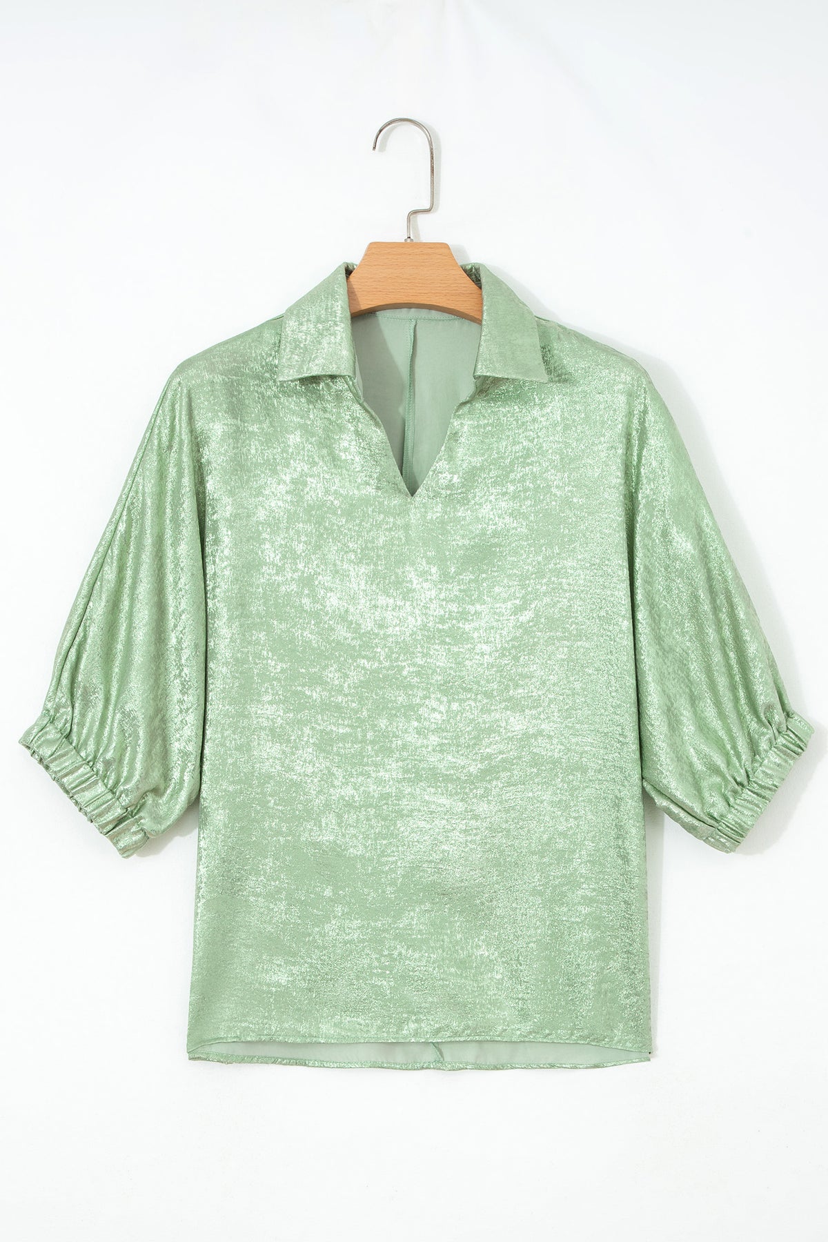 Myosotis Collared V Neck Half Sleeve Metallic Top