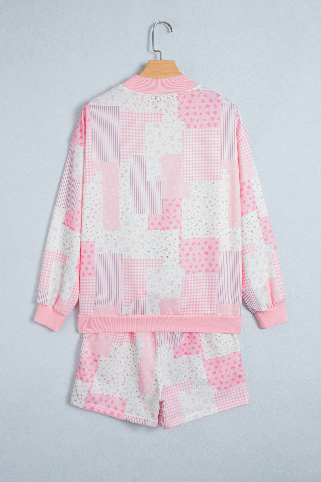 Light Pink Patchwork Floral Print Drop Shoulder Baggy Pullover Drawstring Shorts Set