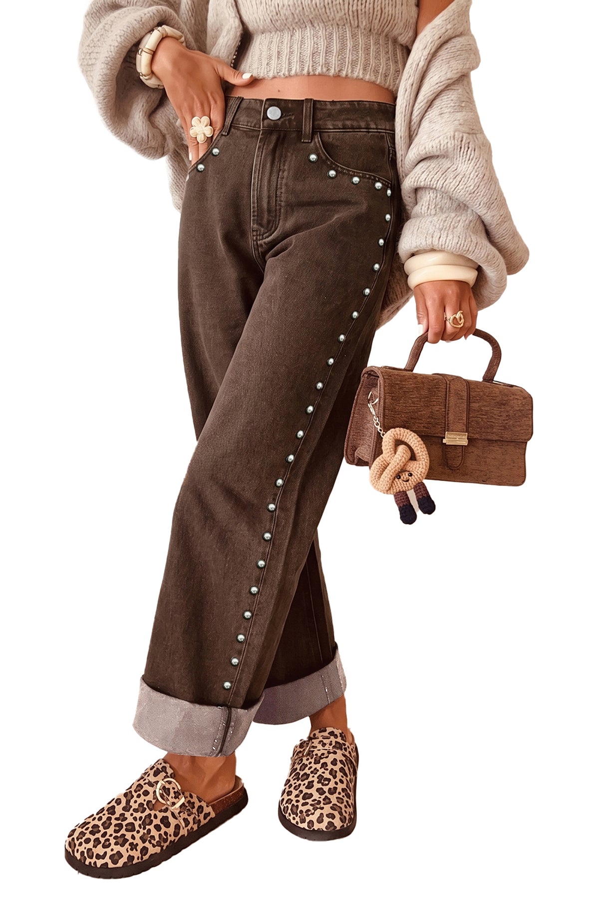 Black Studded Detail Straight Leg Casual Loose Jeans
