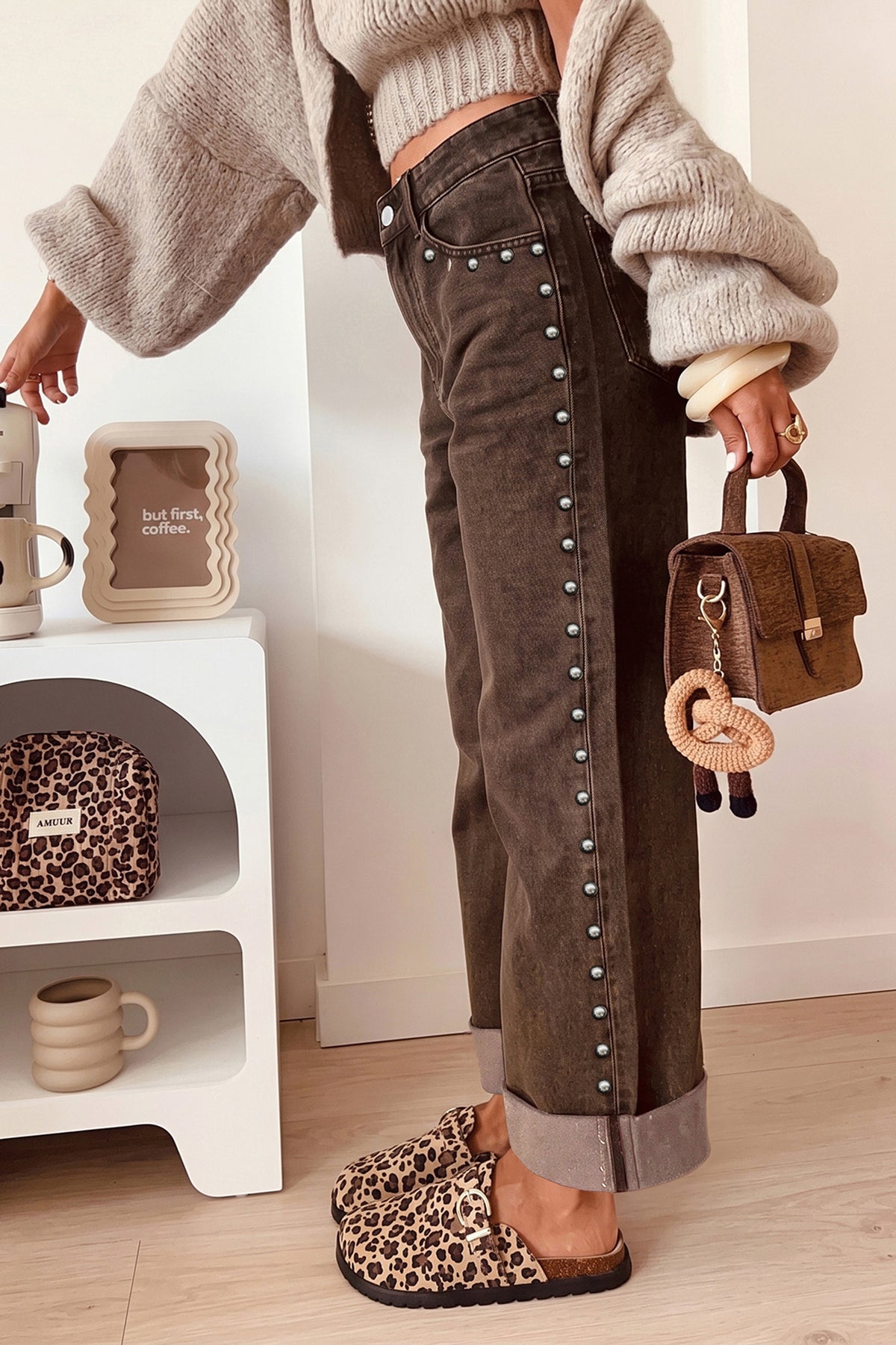 Black Studded Detail Straight Leg Casual Loose Jeans