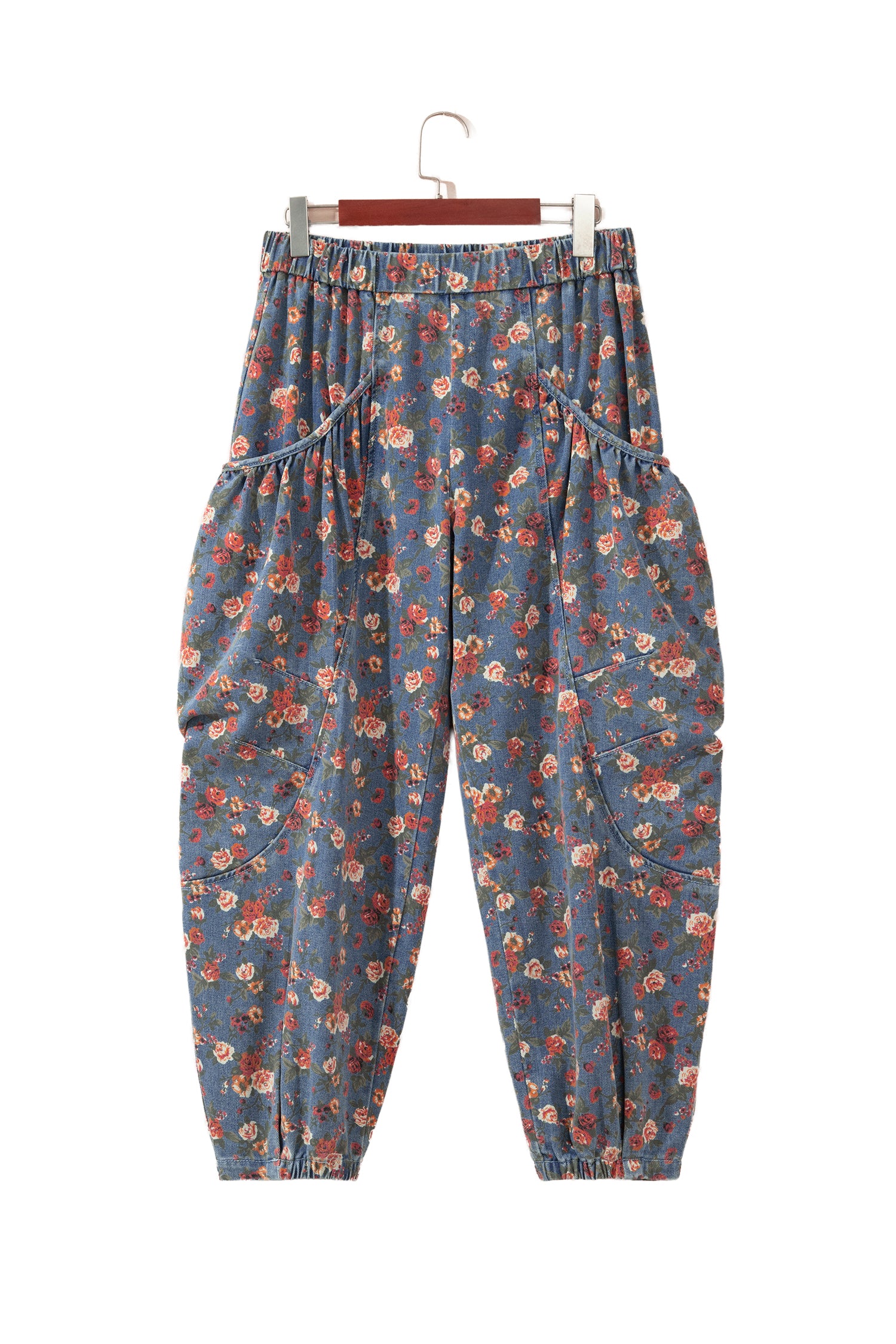 Beau Blue Retro Floral Print Elastic Waist Pocketed Barrel Jeans