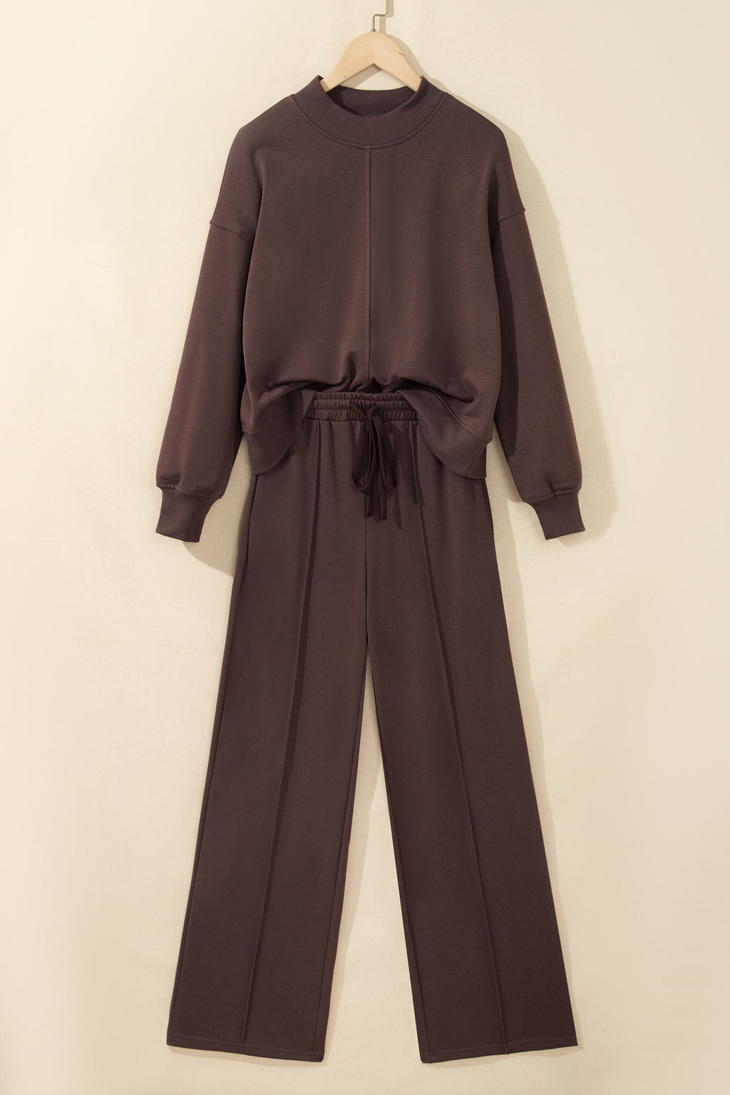 Coffee Solid Color Piping Trim Mock Neck Pullover Drawstring Pants Set