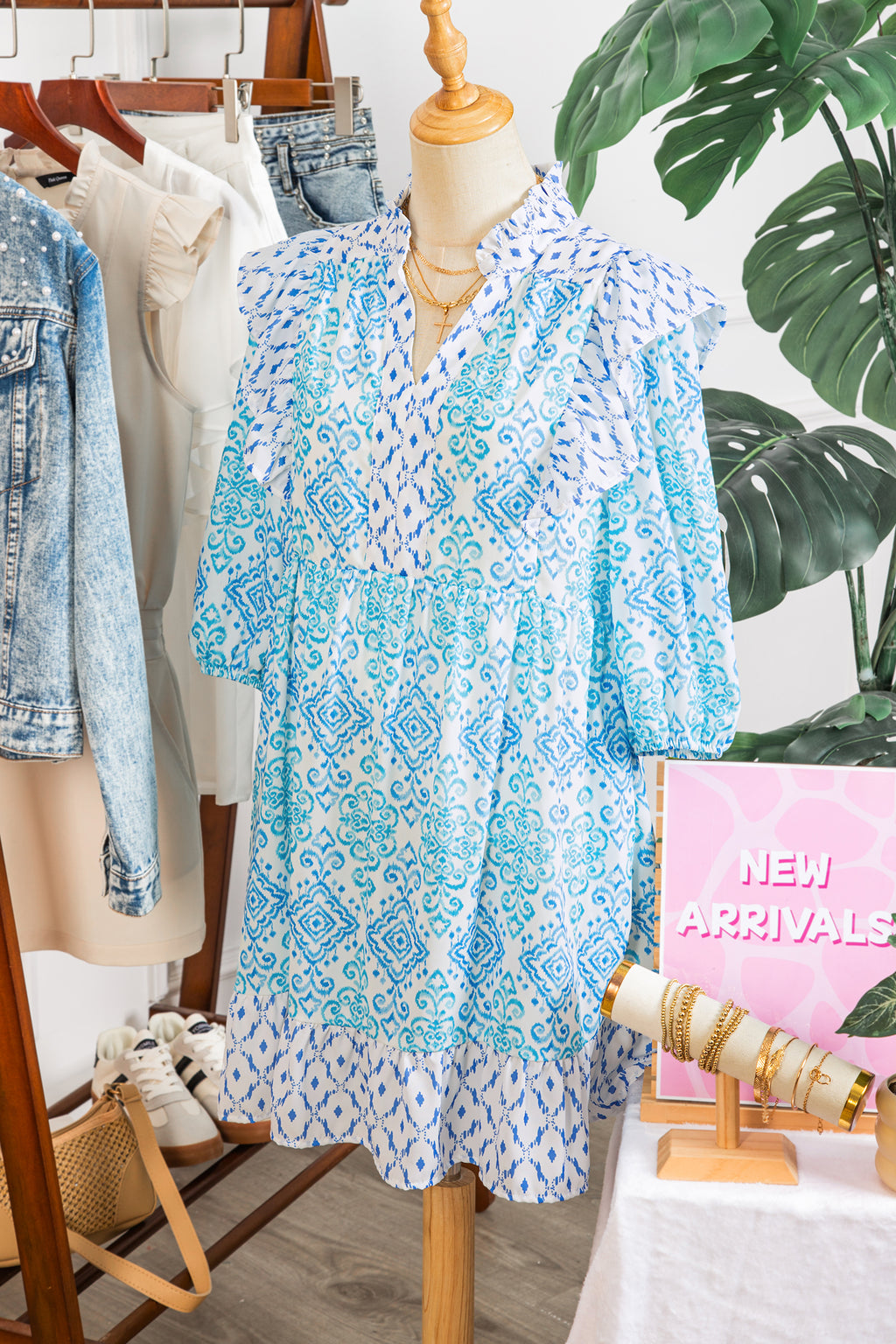 Sky Blue Boho Floral Geometric Patchwork Ruffle Detail Puff Sleeve Mini Dress