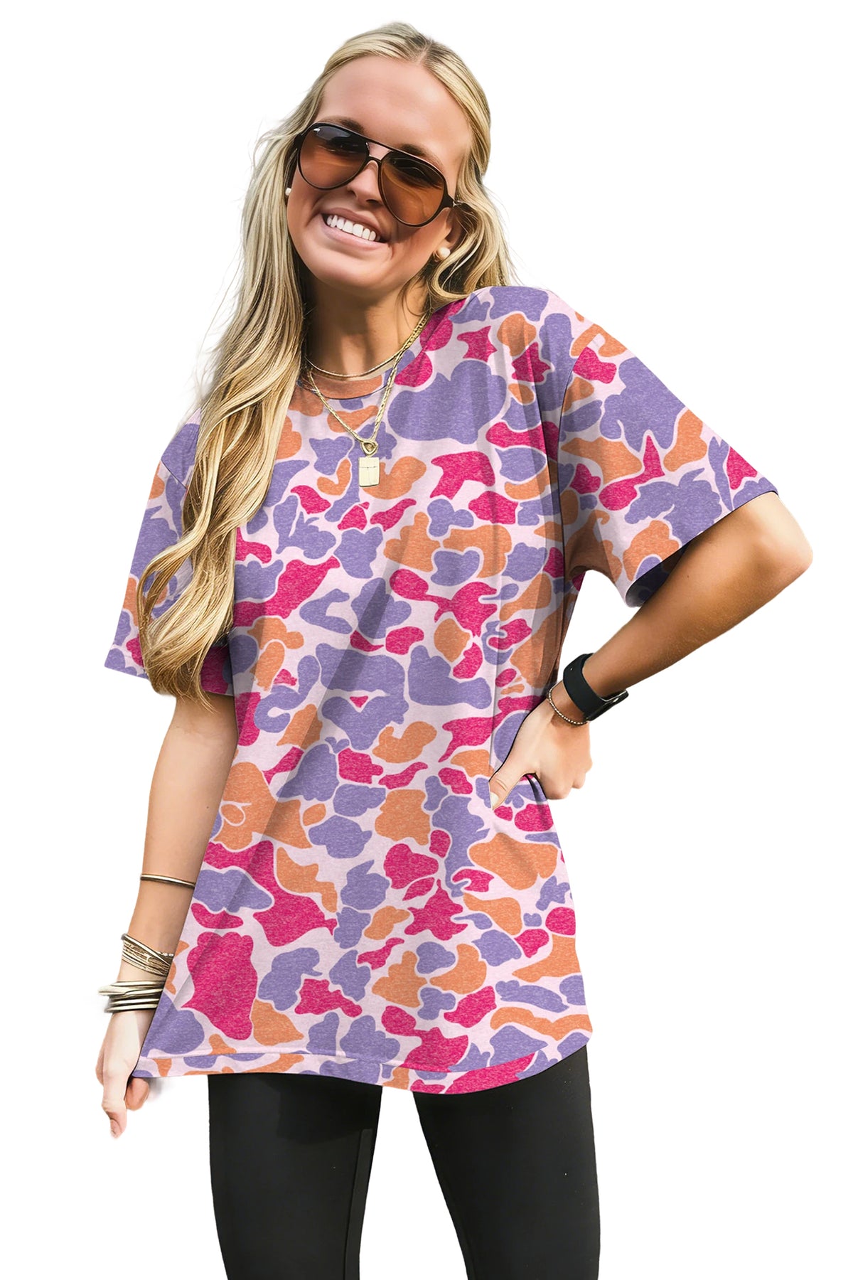 Multicolour Retro Camouflage Print Womens Casual T Shirt
