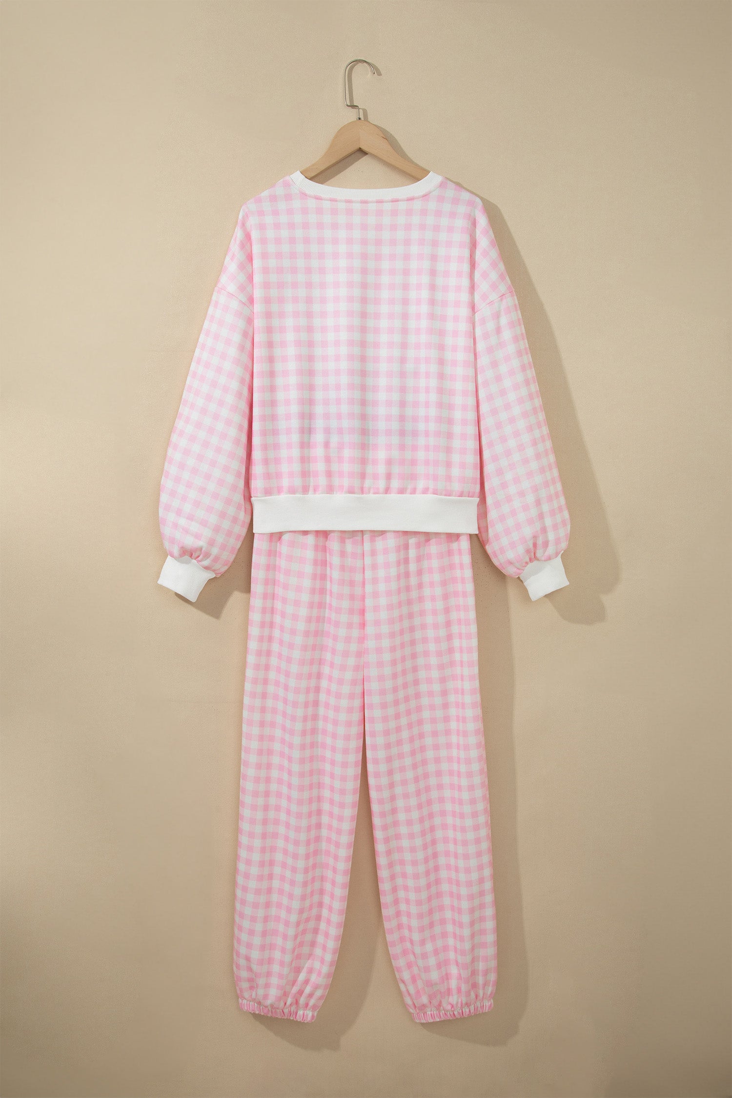 Pink Plaid Long Sleeve Two Piece Pant Set