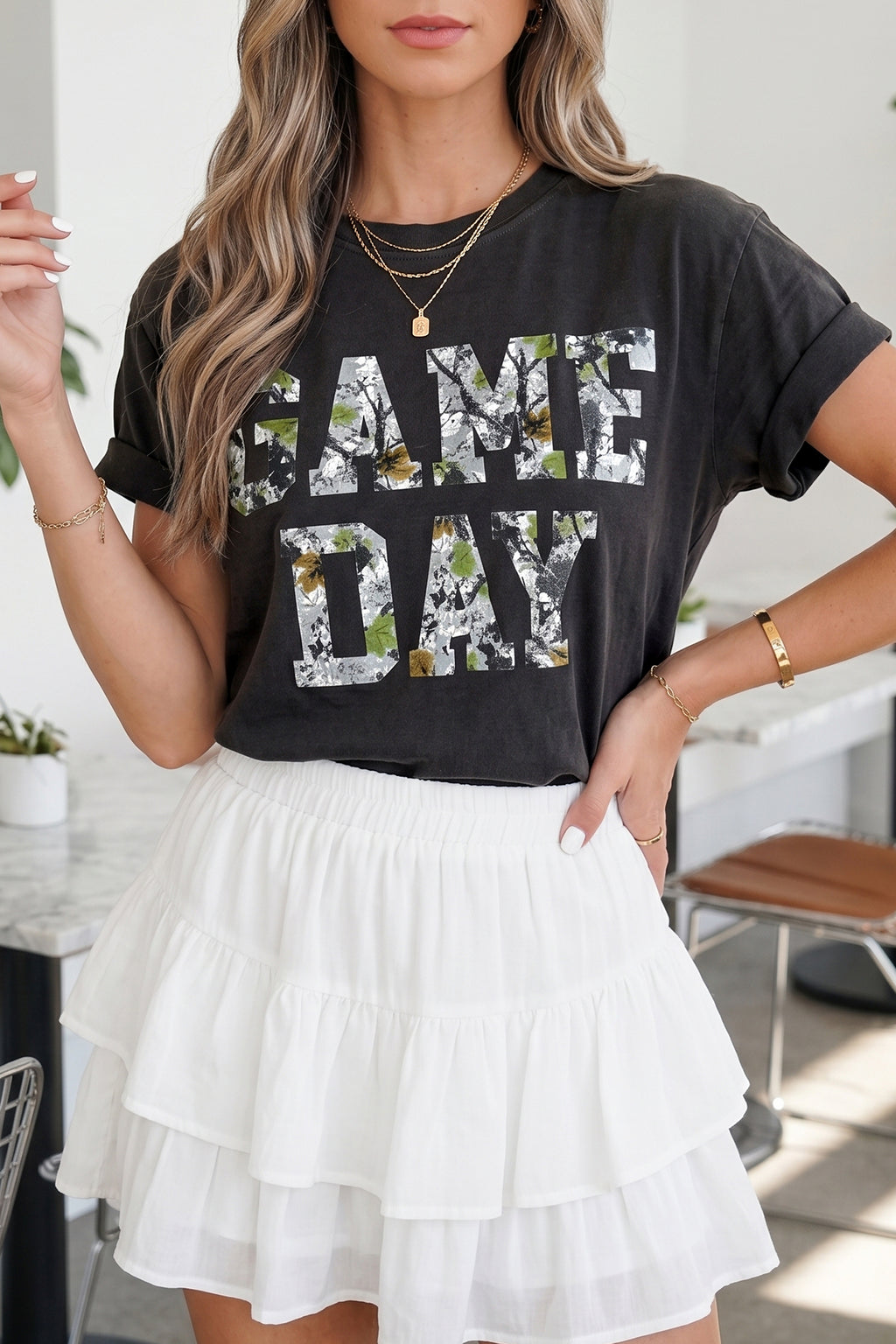 Black Camo Print Game Day Tee Short Sleeve Round Neck Casual T Shirt