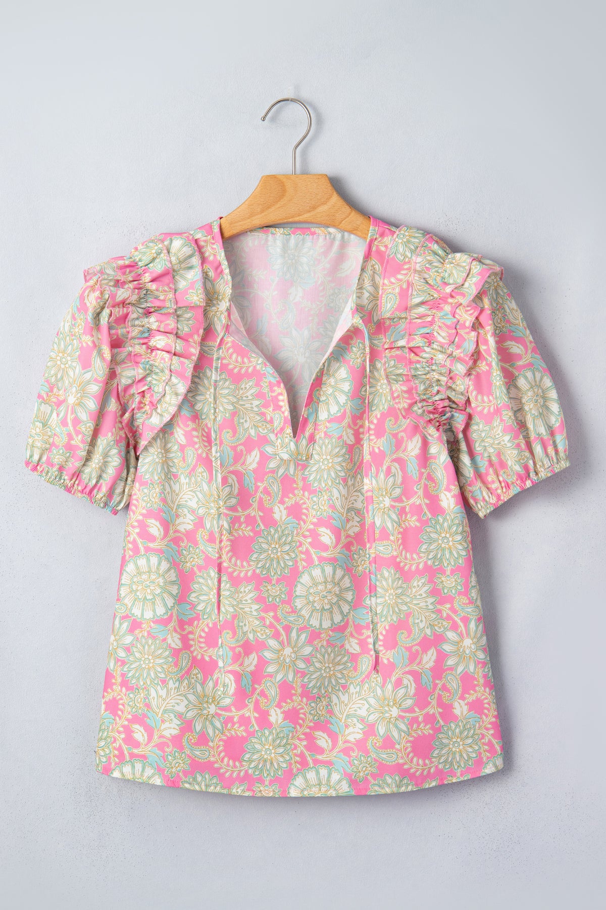 Pink Tie V Neck Floral Short Puff Sleeve Blouse