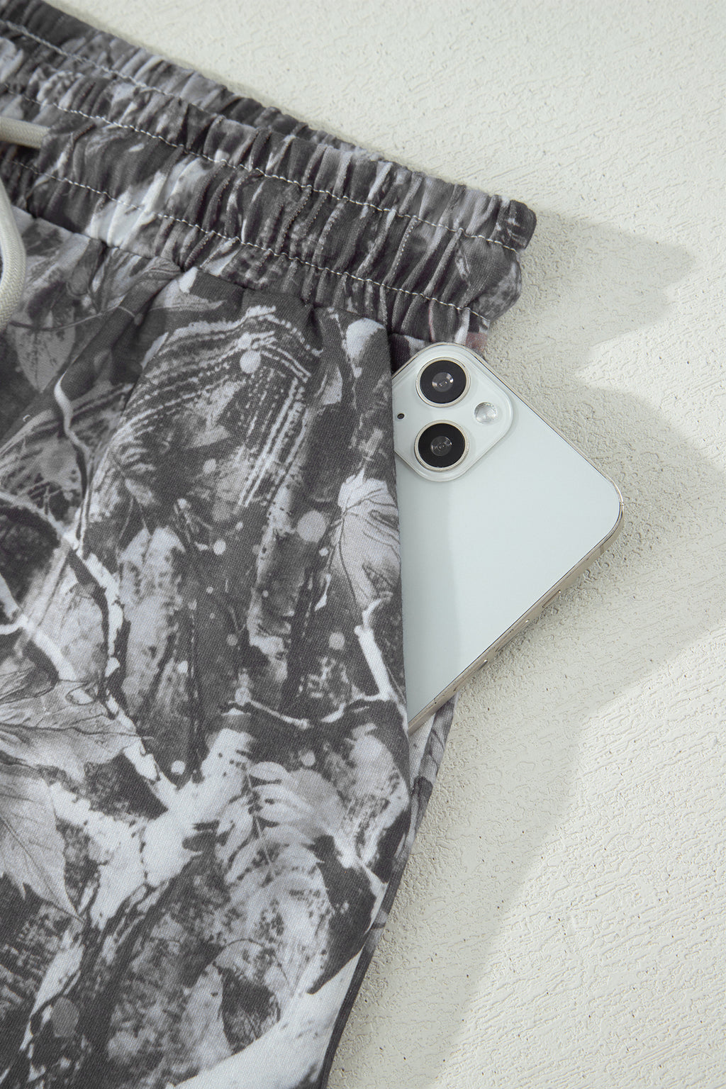 Gray Abstract Maple Leaf Printed Tie Elastic Waist Shorts