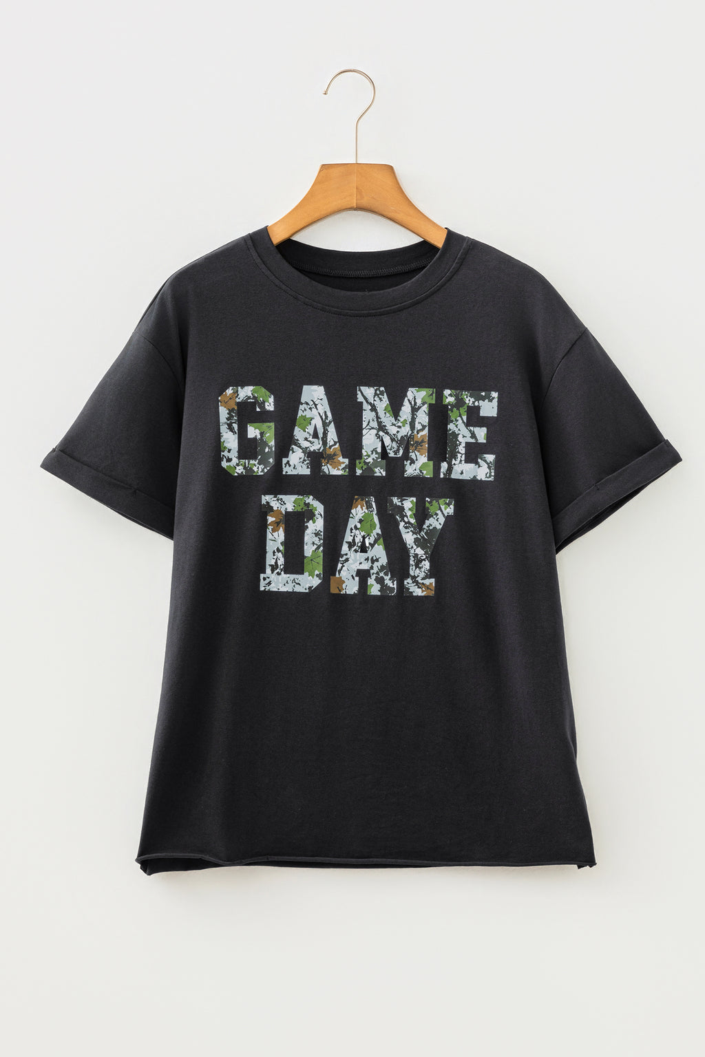 Black Camo Print Game Day Tee Short Sleeve Round Neck Casual T Shirt
