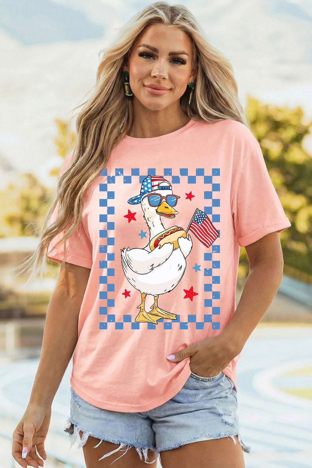 Pink America Goose 4th Of July Patriotic Flag Graphic T Shirt