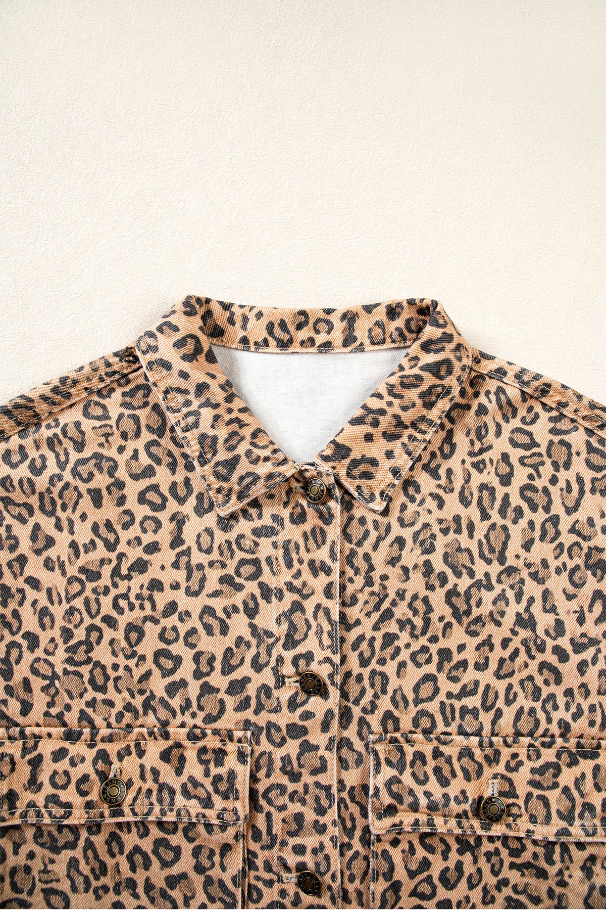 Khaki Leopard Print Collar Long Sleeve Patch Pocket Shift Denim Jacket