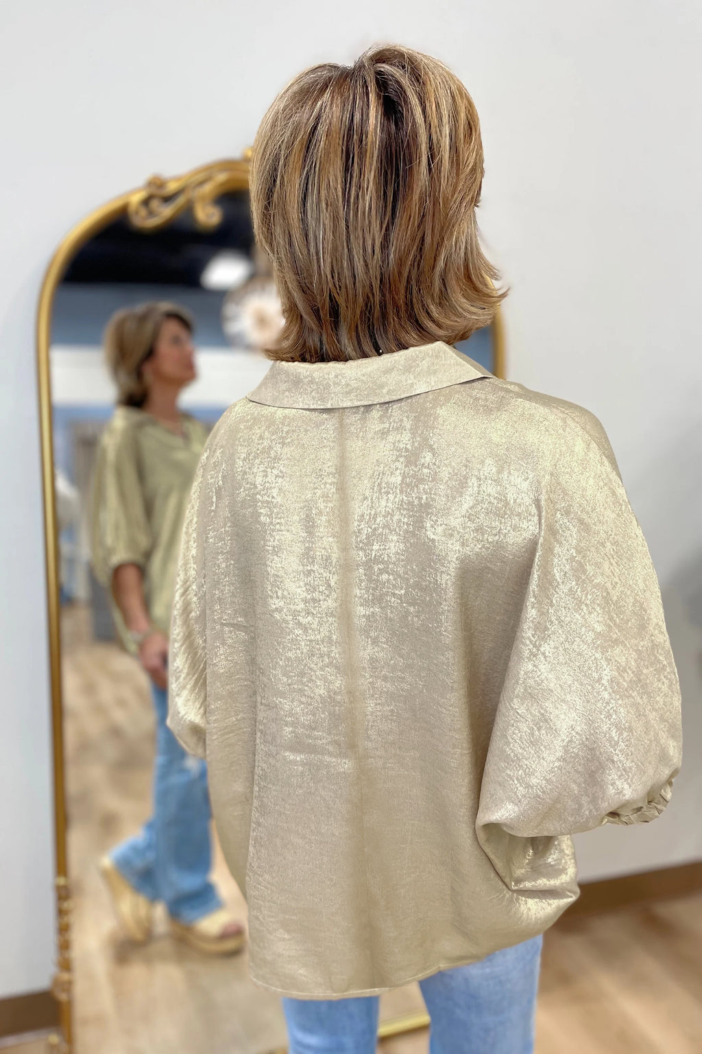 Myosotis Collared V Neck Half Sleeve Metallic Top