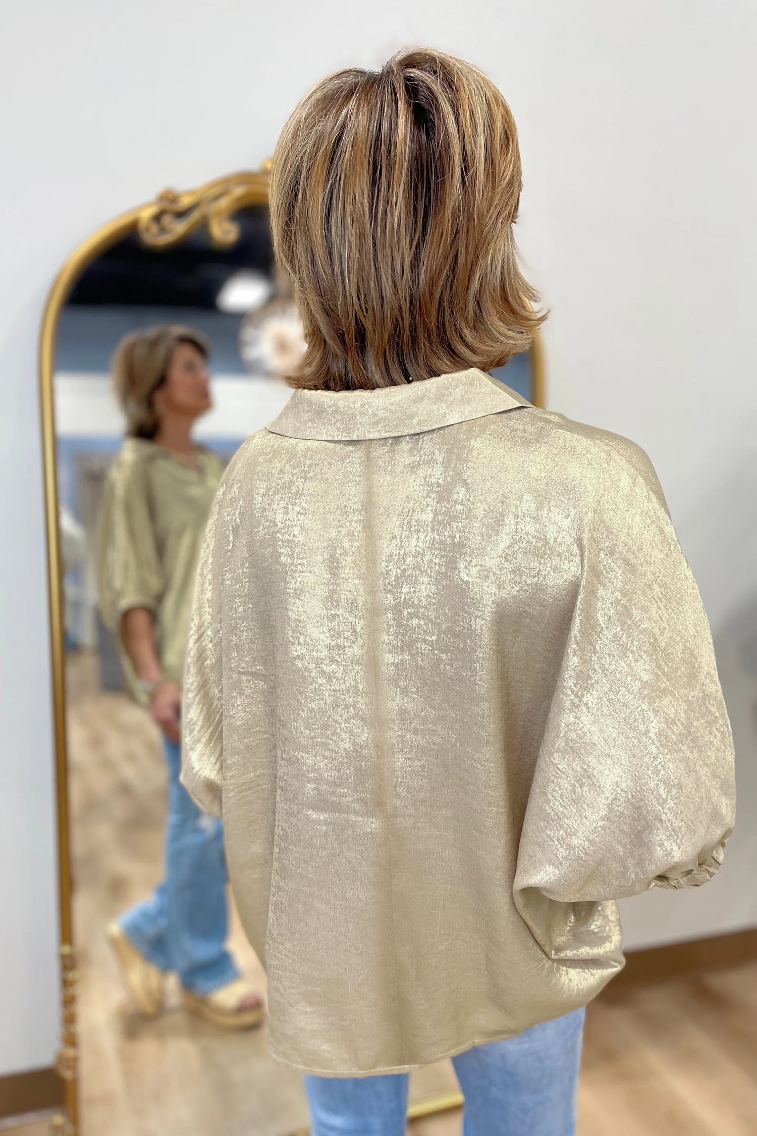 Myosotis Collared V Neck Half Sleeve Metallic Top