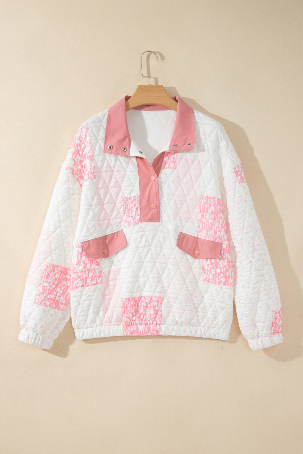 Multicolour Floral Quilted Half Button Pocketed Pullover Sweatshirt