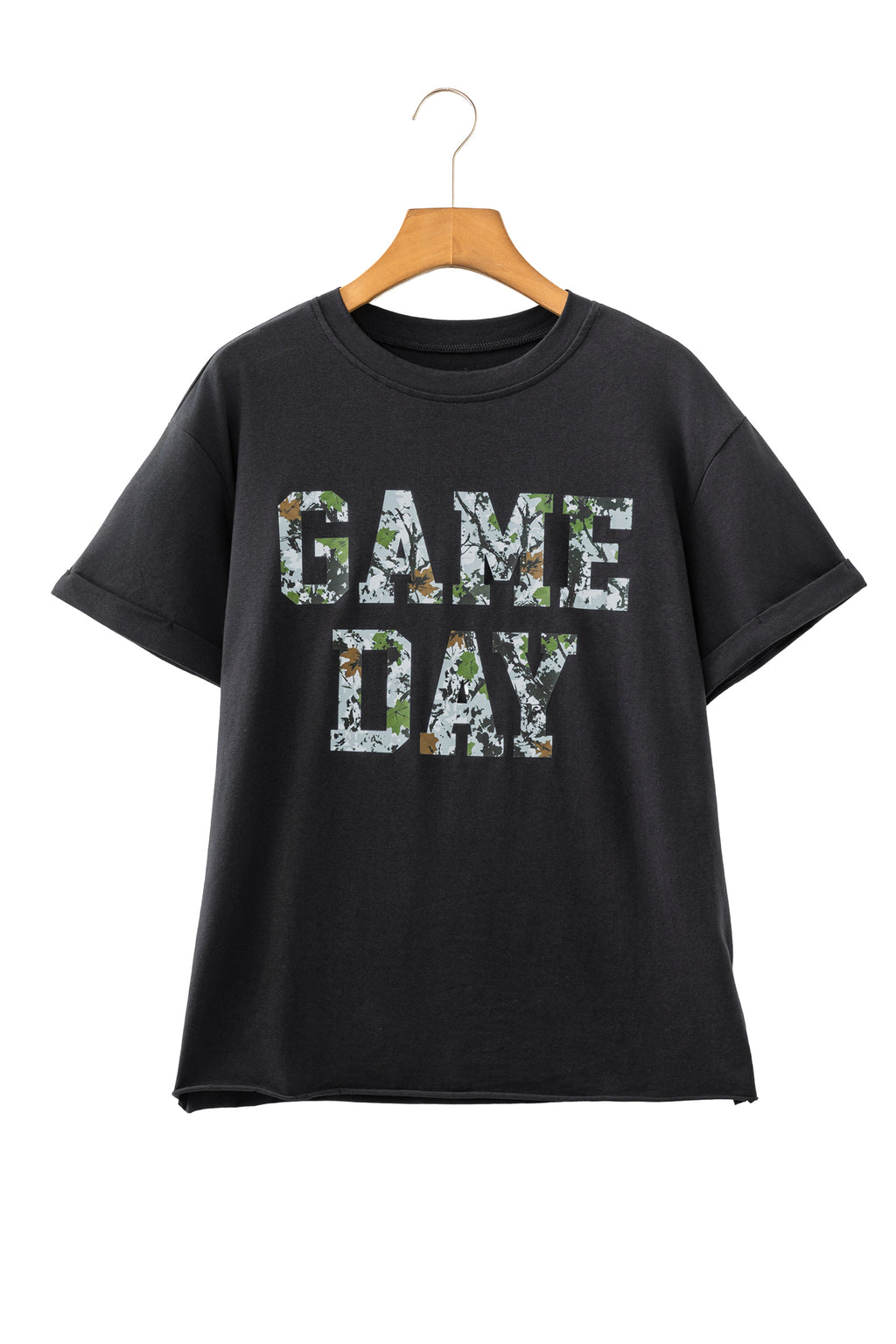 Black Camo Print Game Day Tee Short Sleeve Round Neck Casual T Shirt