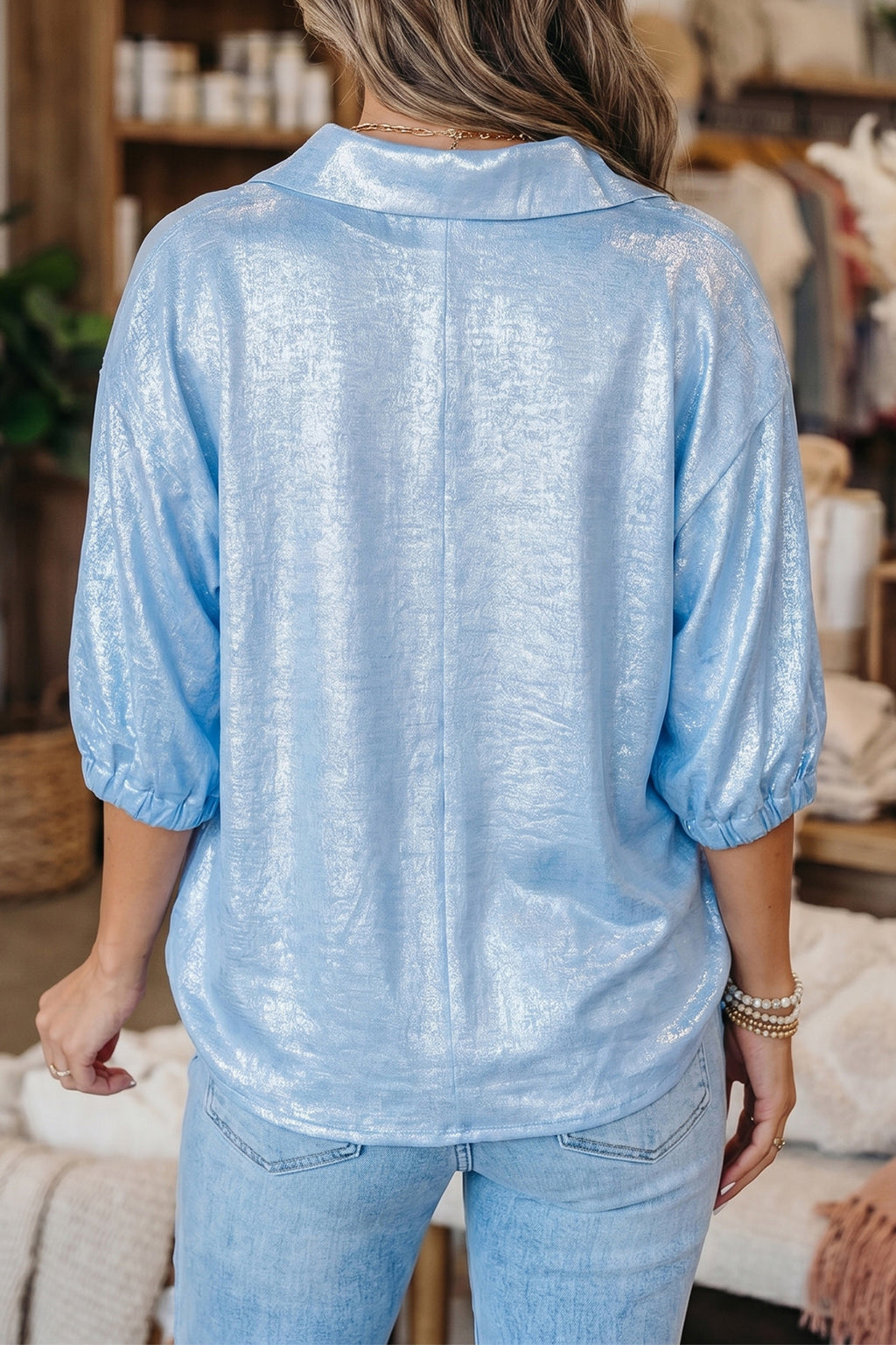 Myosotis Collared V Neck Half Sleeve Metallic Top