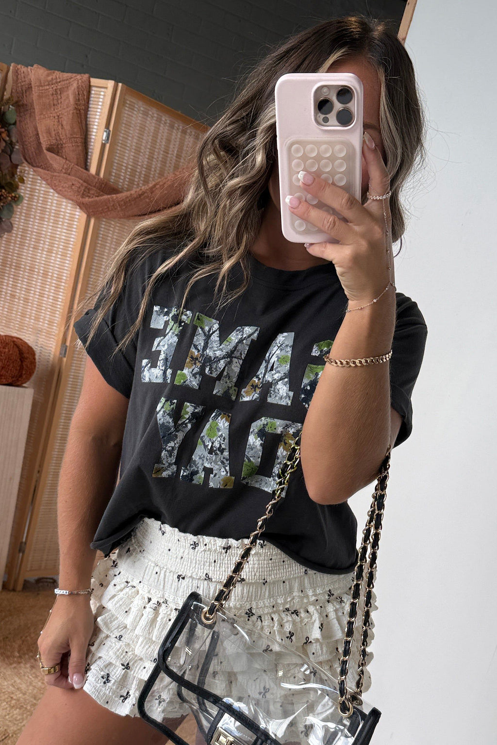 Black Camo Print Game Day Tee Short Sleeve Round Neck Casual T Shirt