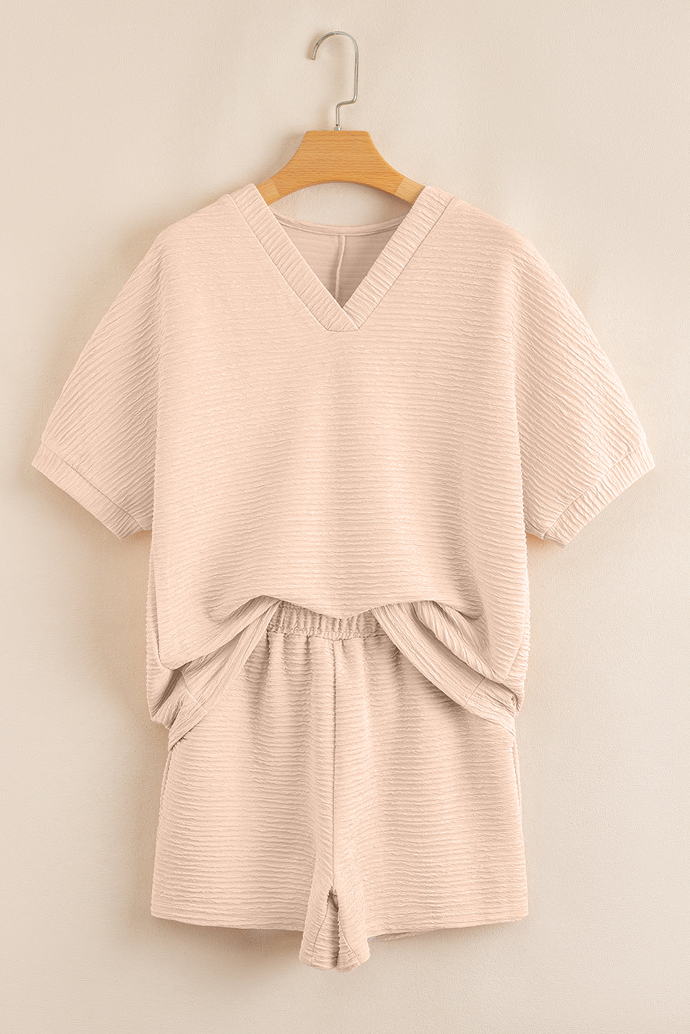 Orange Textured V Neck T Shirt and Shorts Set