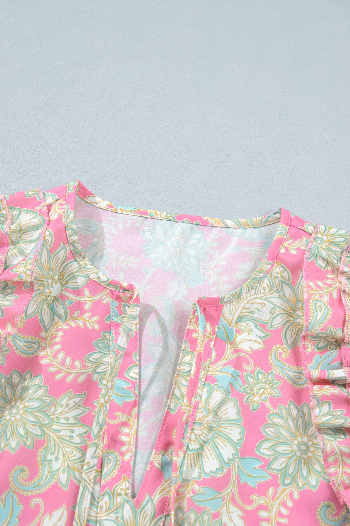 Pink Tie V Neck Floral Short Puff Sleeve Blouse