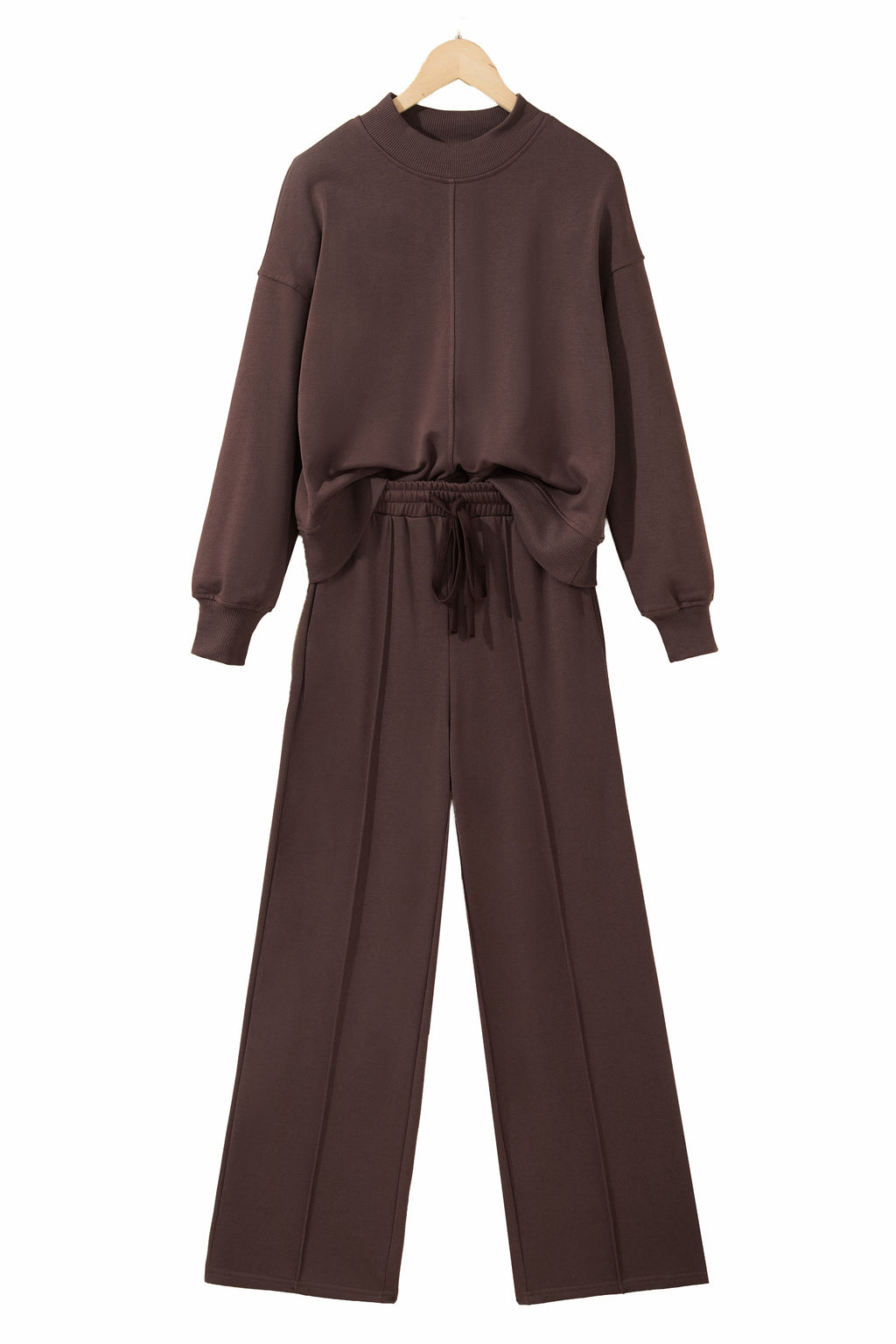 Coffee Solid Color Piping Trim Mock Neck Pullover Drawstring Pants Set