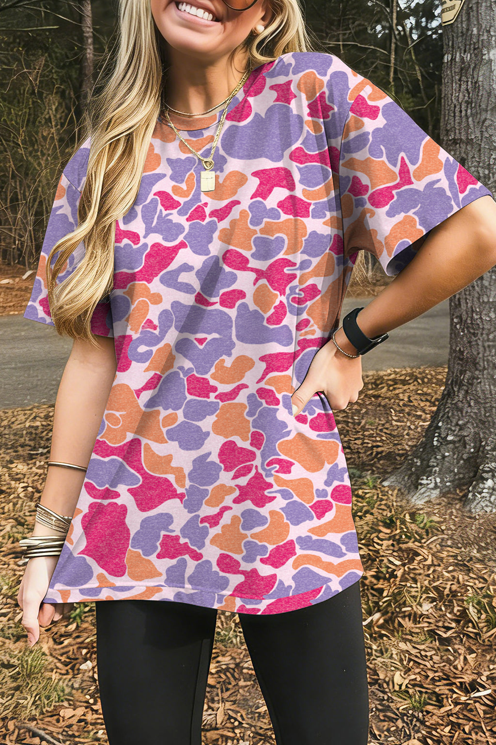 Multicolour Retro Camouflage Print Womens Casual T Shirt