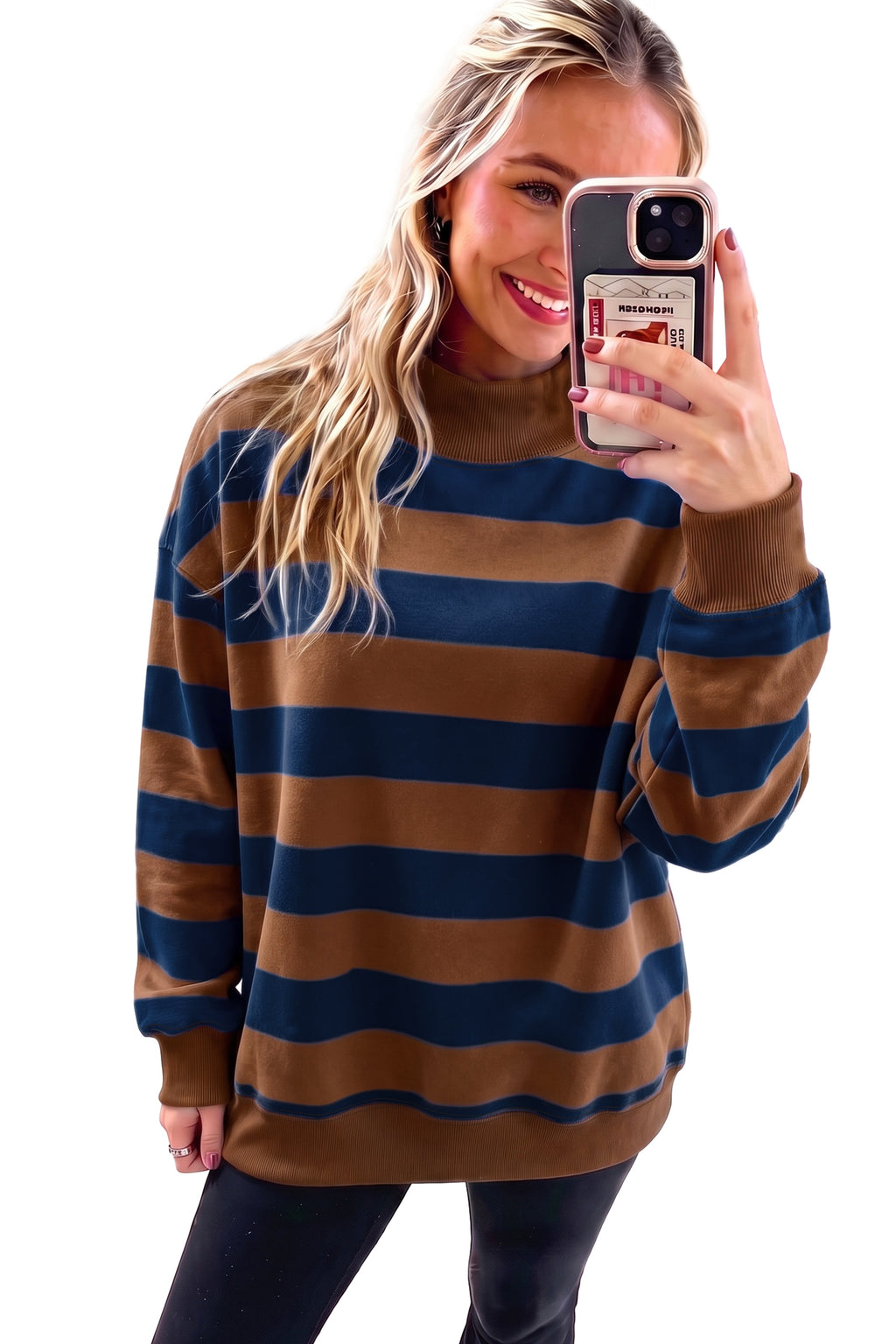 Blue Stripe Colorblock Mock Neck Relaxed Sweatshirt