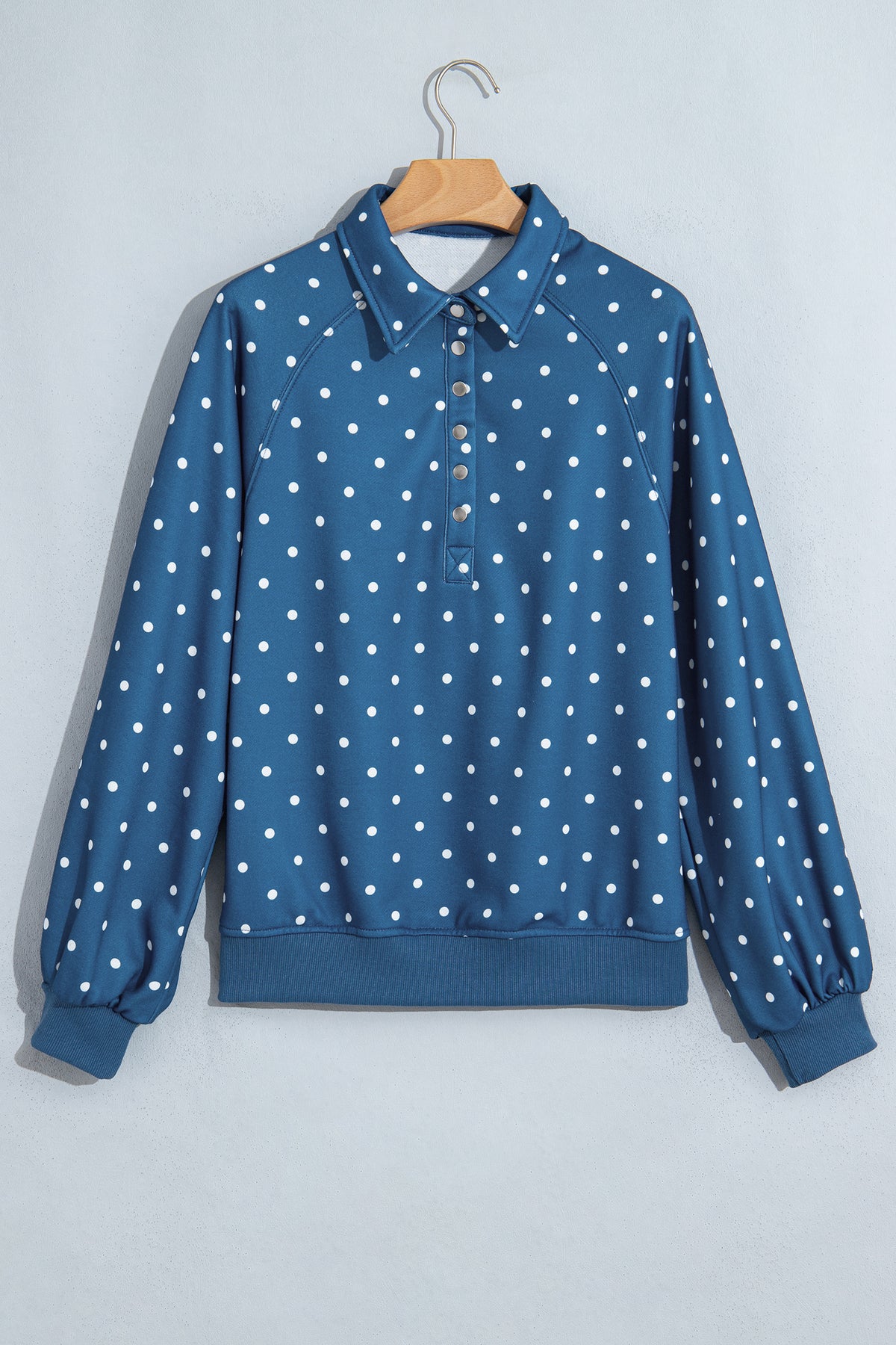 Pink Polka Dot Print Metal Button Collar Casual Pullover Sweatshirt