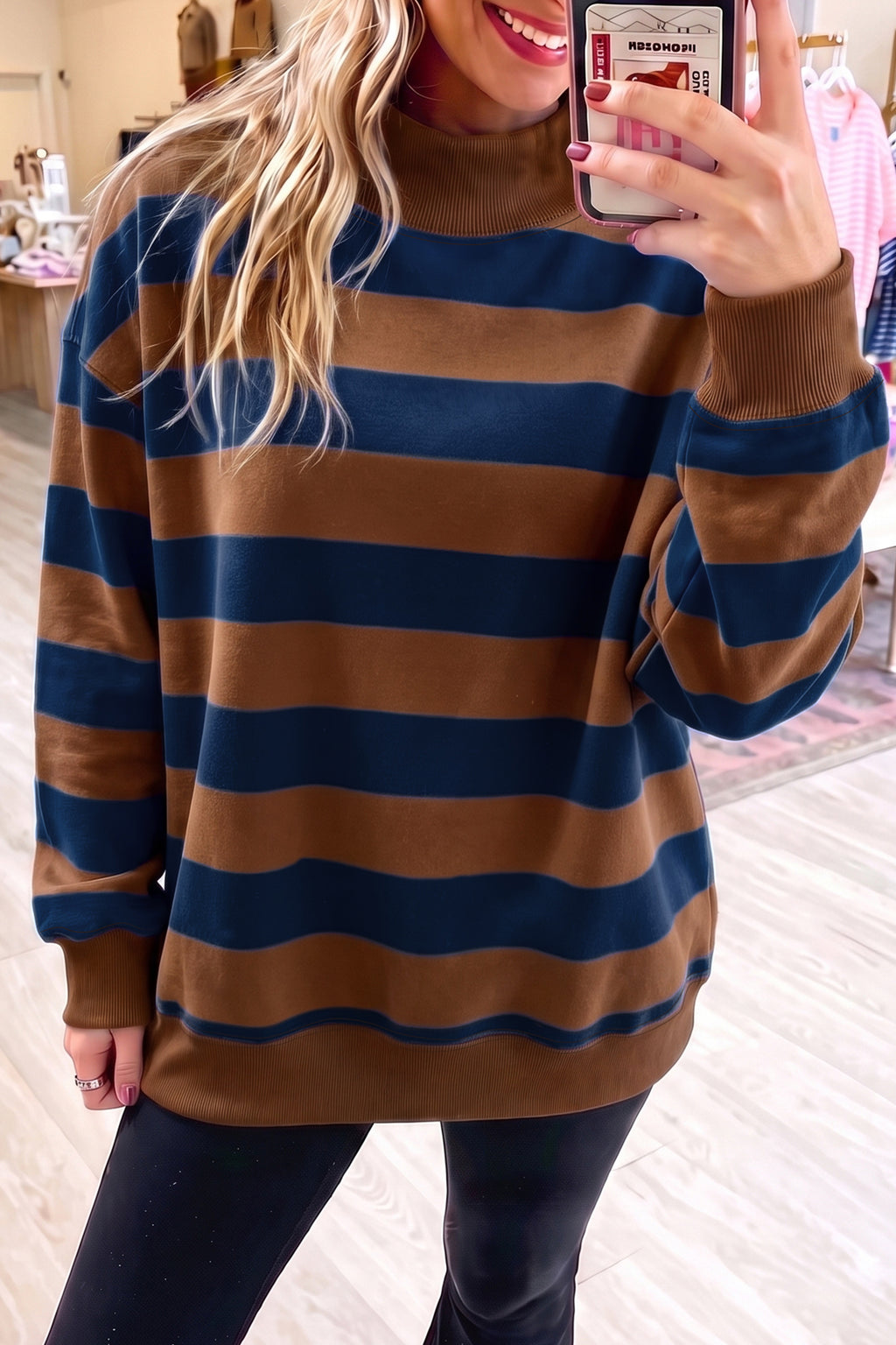 Blue Stripe Colorblock Mock Neck Relaxed Sweatshirt