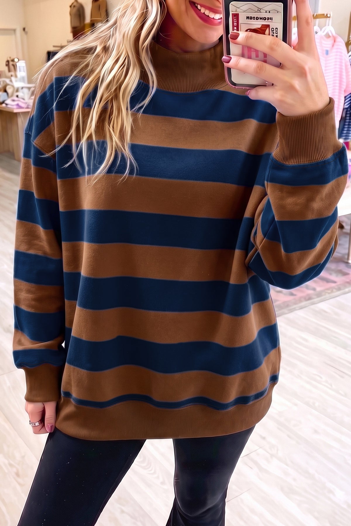 Blue Stripe Colorblock Mock Neck Relaxed Sweatshirt