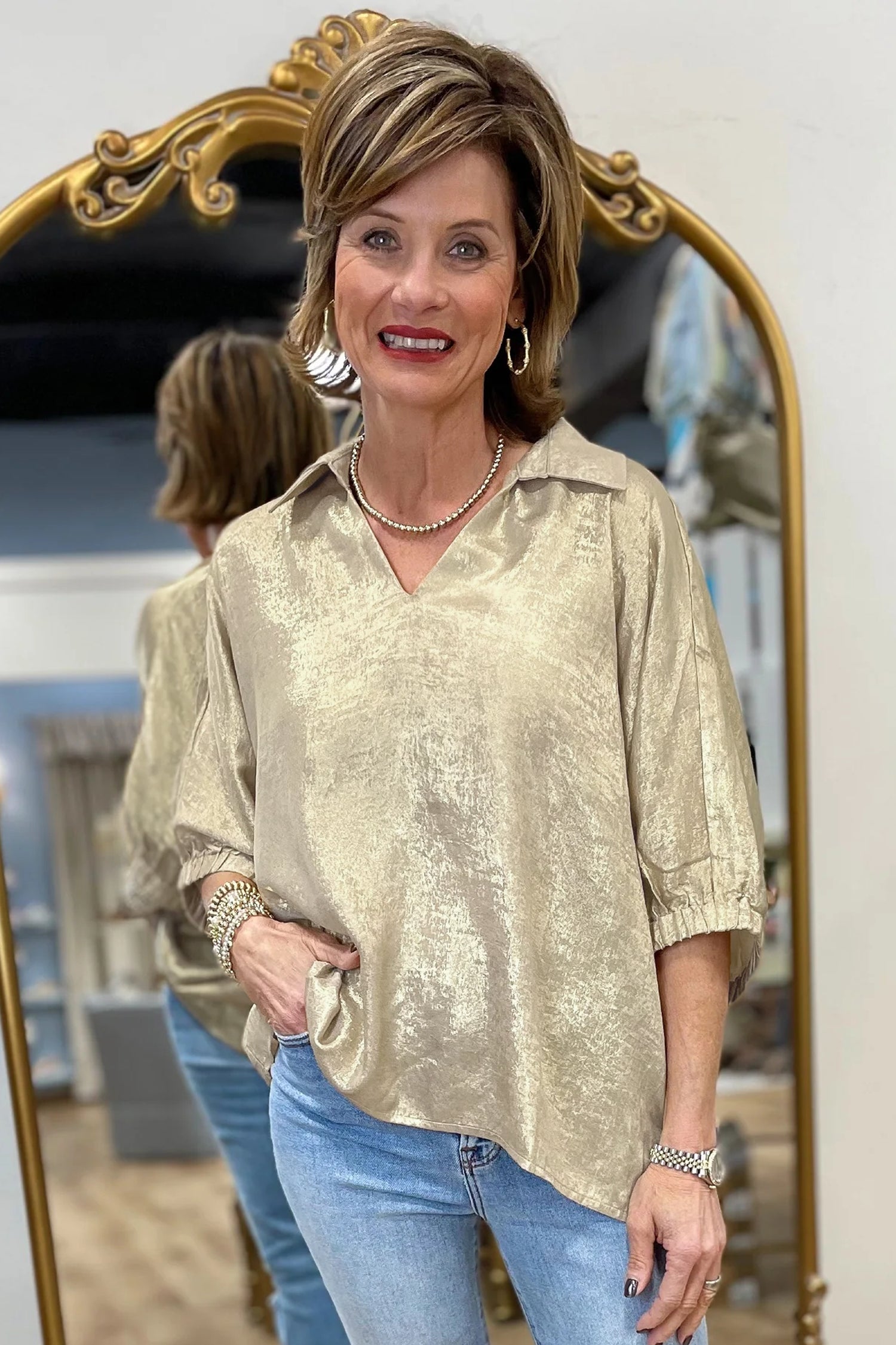 Myosotis Collared V Neck Half Sleeve Metallic Top