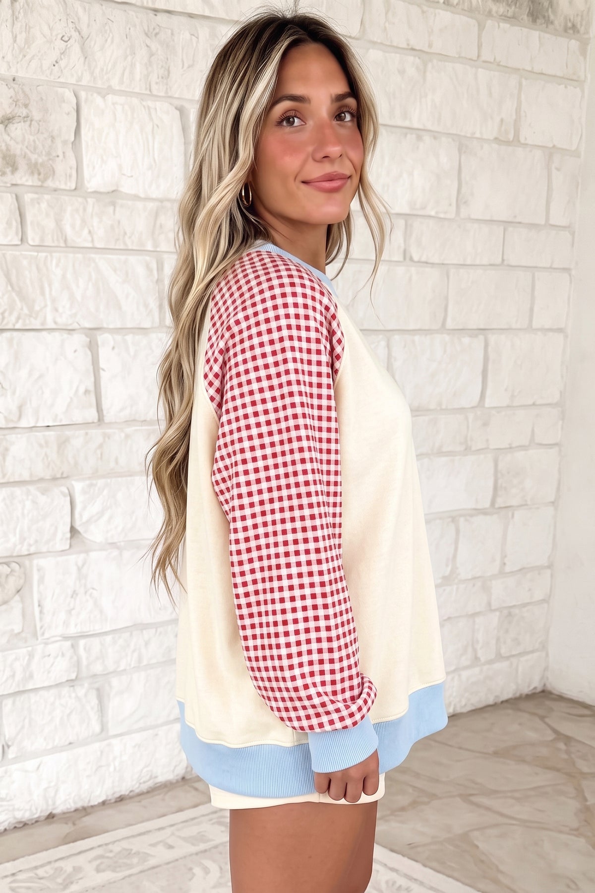 Beige Plaid Sleeve Colorblock Raglan Pullover Sweatshirt